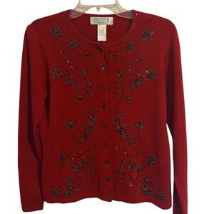 Petite Sophisticate Wool Blend Beaded Red Cardigan Size Medium